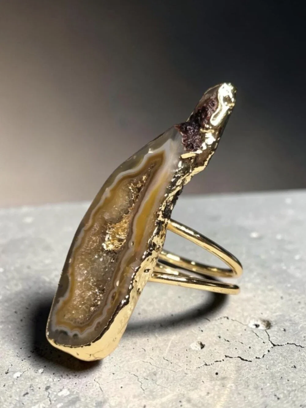 18k Gold Plated Artisan Tigers Eye Agate Geode Stone Statement Ring